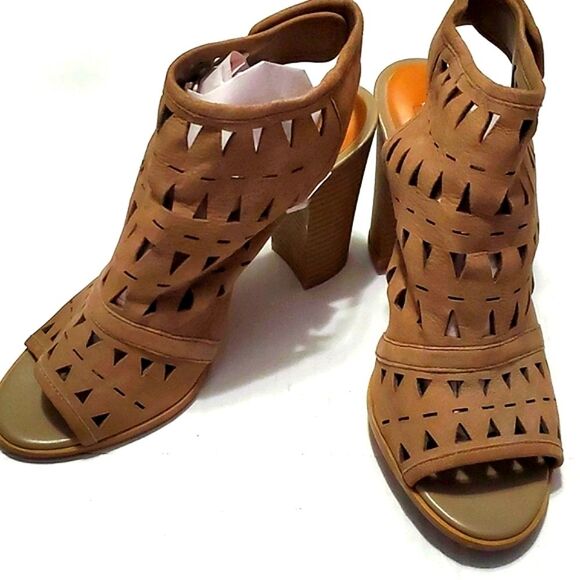 14th & Union Ardene Boho Tan Laser Cut Open Toe Vegan Leather Sandals Shooties - Picture 1 of 11